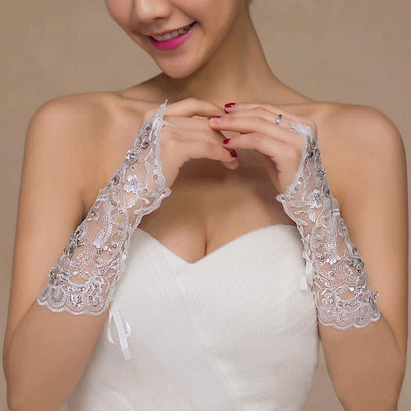 Ayliss Lace Fingerless Rhinestone Bridal Gloves - Crystal Bridal Lace Gloves for Wedding Party Opera Prom Halloween (White) - Image 5